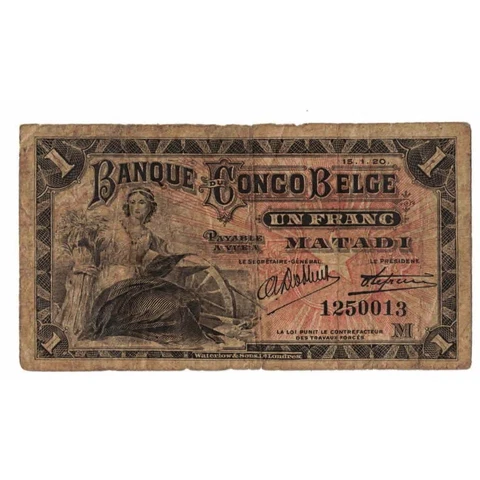 [#332230] Banknote, Belgian Congo, 1 Franc, 1920, 1920-01-15, KM:3b, VF Cover
