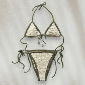 Hand Crochet 2 pc Bikini Swimsuit Halter Top Size S Cotton/Acrylic Adjustable  - Picture 1 of 7