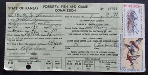 RW38 - 1970 Federal Duck Stamp on Kansas Hunting License - Picture 1 of 2