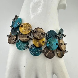 6.25” Silver Tone Multistrand Wood Dyed Shell Layered Toggle Bracelet - Picture 1 of 4