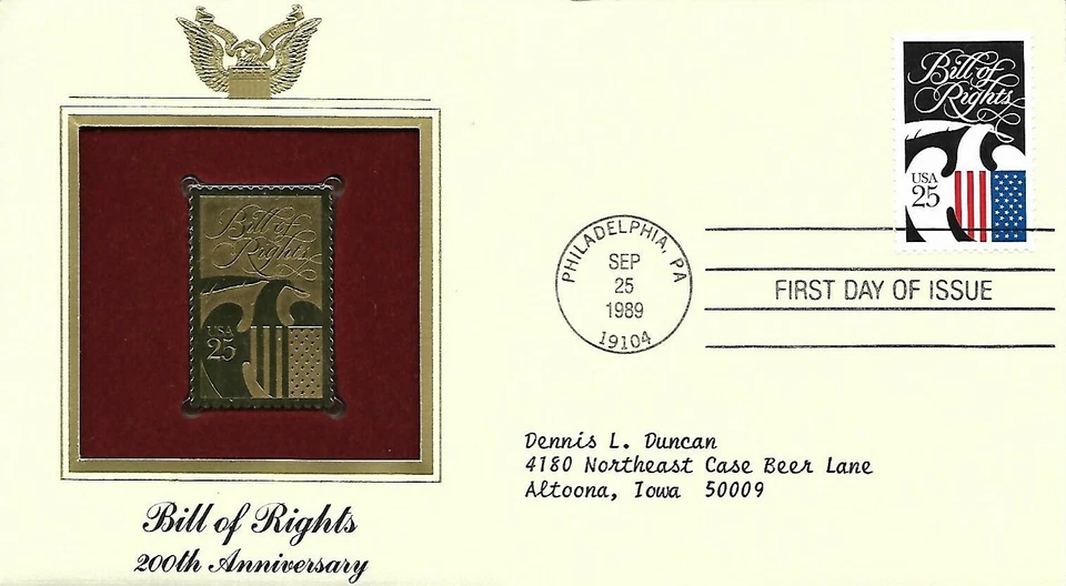 USA 1989 FIRST DAY COVER BILLS OF RIGHTS, GOLD FOIL - Image 1 of 1