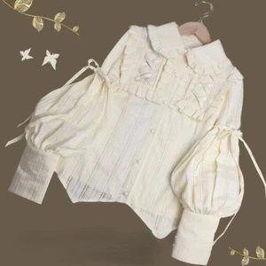 Lolita Girls Ruffles Blouse Top Lace Up Long Puff Sleeve Shirt Victorian Retro - Picture 1 of 15