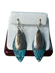 Turquoise & Silver-Tone Dangle Earrings With Abstract Leaf Design - Picture 1 of 7