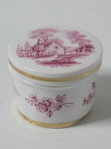 Spode Bone China Round Trinket or Pill Box Pink Cottage Scene - Made in England - Picture 1 of 11
