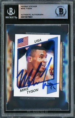 SALE! Mike Tyson Auto 1986 Panini Supersport Reprint Rookie Sticker Card 153 BAS - Image 1 of 2