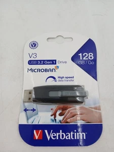 Verbatim V3 USB 3.2 Gen 1 Flash Drive 128GB Microban Antimicrobial Retractable - Picture 1 of 5
