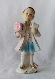 Vintage Ceramic Young Man Figurine Top Hat In Hand Bouquet Flowers Feminine Pink - Picture 1 of 17