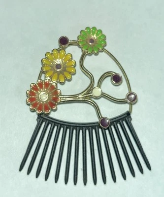 Волосы расческа цветочная эмаль цветы зеленый желтый оранжевый золотой тон - Изображение 1 из 4