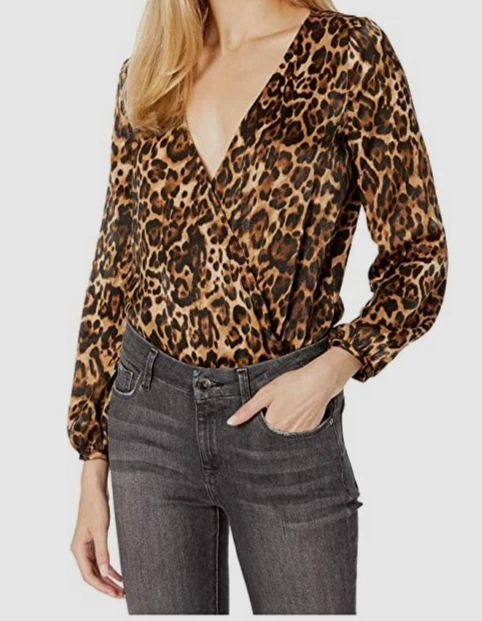 Body para mujer BB Dakota marrón estampado de leopardo satinado cuello en V talla S Foto 1 de 1
