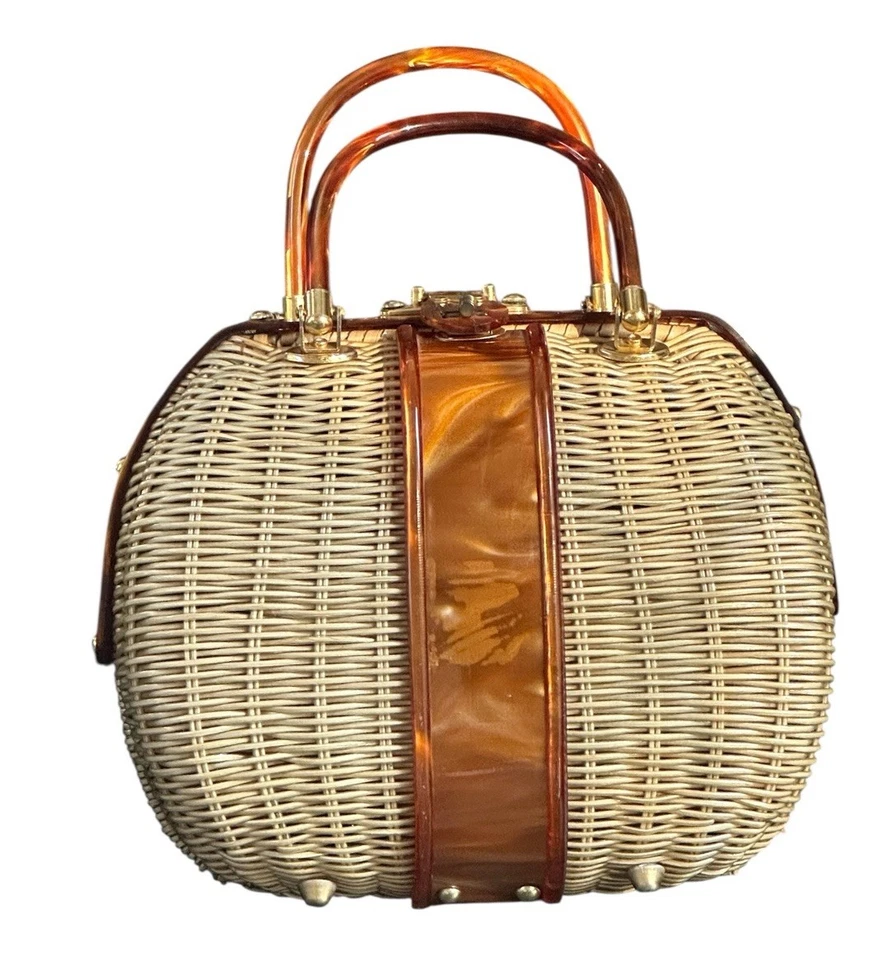 Bolso de mano Lucite vintage 1950/60 tejido de mimbre y caramelo Hong Kong Foto 1 de 4