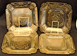 FOUR DEPRESSION GLASS DINNER PLATES YELLOW LORIAN BASKET - Picture 1 of 7