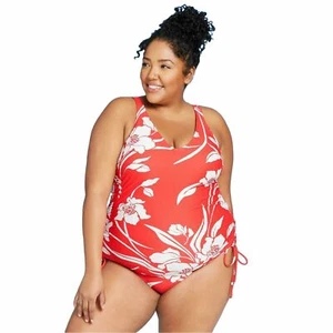 Traje de baño Kona Sol para mujer talla 18W de una pieza rojo blanco floral cincha lateral nuevo - Imagen 1 de 3