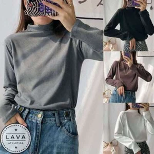 Womens Long Sleeve Turtleneck Pullover Top Slim Fit Stretchy Soft Fleece T-Shirt - Picture 1 of 16