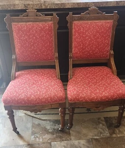 Victorian Eastlake Walnut Parlor Chair Set ~ Red Upholstery, Wood Wheels - Picture 1 of 7