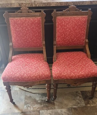 Victorian Eastlake Walnut Parlor Chair Set ~ Red Upholstery, Wood Wheels - Image 1 of 4