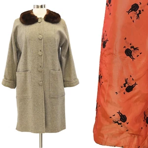 50s Vintage Womens Plaid Wool Coat Mink Collar Size M Unique Lining - Picture 1 of 11