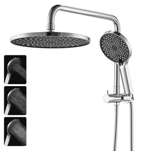 Chrome 10'' Round Shower Head 3-MODE Handheld Gooseneck Wall Arm Diverter Set - Picture 1 of 10