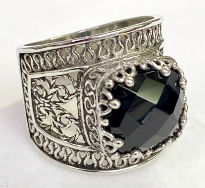 HSN Ottoman Sterling Silver Cushion Shape Black Spinel Filigree Ring Size 6 - Image 1 of 4