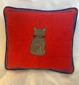 Needlepoint Cat Decorative Throw Pillow Velvet Back 10" square Red Grey Blue - Picture 1 of 5