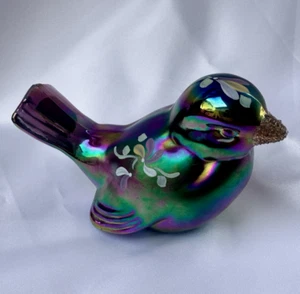 Fenton Glass Bird Sparrow Figurine Amethyst Carnival Hand Painted Floral Signed - Picture 1 of 15
