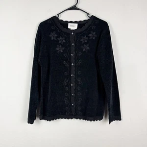 JENNY Women's Chenille Floral Embroidered Cardigan Sweater M Black - Picture 1 of 9