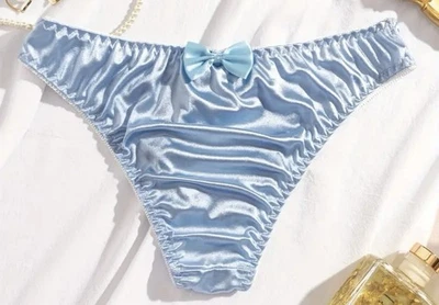 Vtg Styl Baby Blue Glossy Satin & Hi Cut Bikini Brief Panties XL NEW Big Bow - Image 1 of 4