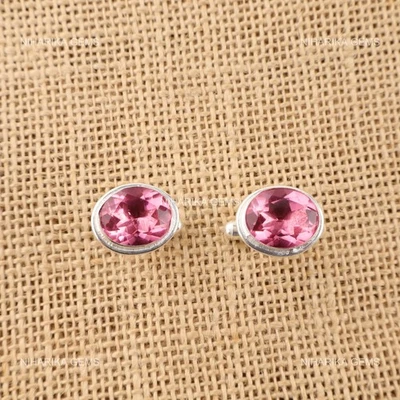 Sterling Silver Natural Pink Tourmaline Birthday Cyber Monday Brothers Cufflinks - Image 1 of 4