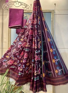 Magenta Designer Saree Blouse For Women Cotton Linen Sari - Picture 1 of 5