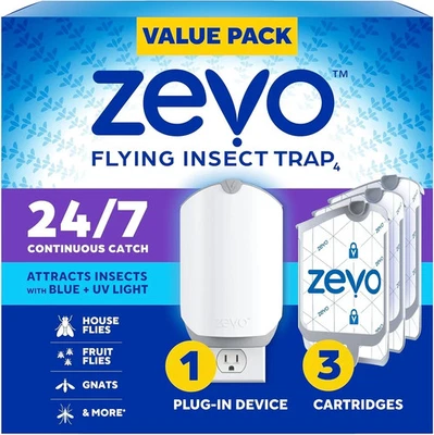 Zevo Flying Insect Trap (1 Plug-in Base + 3 Cartridges) Featuring Blue UV Light - Image 1 of 4