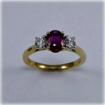 1.75 Ct Oval Cut Natural Ruby & Diamond 3 Stone Engagement Ring 14K Yellow Gold - Image 1 of 4