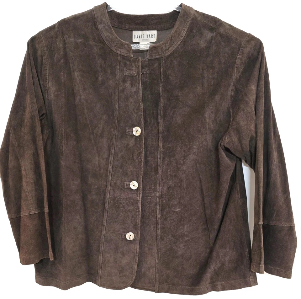 Jaqueta David Dart Feminina 1X Couro Marrom Camurça Botão Frontal Sem Gola - Imagem 1 de 4
