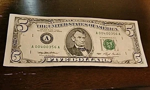 1993 series $5 Bill Low Serial #A00400356 Boston Mass circu 3456 +4 of a kind ;) - Picture 1 of 8