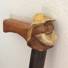 Nautical Vintage Hand Carved Wood Walking Stick Cane W/ Man?S Head Knotty Wood