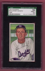 1952 Bowman Baseball Karte #224 Johnny Schmitz SGC 92 NM-MT + 8,5 HOCH # - Bild 1 von 1