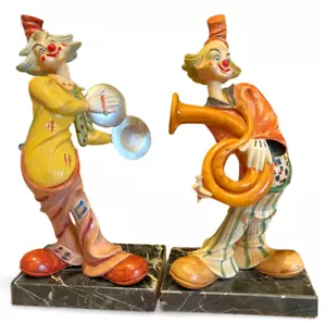 2 Vintage Clowns - French Horn & Symbols On Carrera Marble Base Made In Italy - Picture 1 of 14