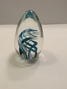 Teal & White Clear Satin Swirl Art Glass Egg Shaped Paperweight 3.25"H - Picture 1 of 10