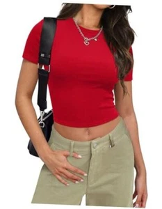  Crop Tops for Women Summer Trendy Tight Tshirts 2024 Slim Fit Large Red - Picture 1 of 6