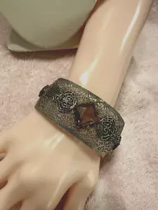 Mesh Hinged Cuff Style Bracelet with Amethyst Gemstones - Picture 1 of 6