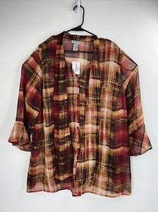 Neu mit Etikett Catherines Damen 2X 24/26X durchsichtig kariert 3/4-Ärmel Bluse Top rot metallic - Bild 1 von 8
