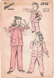Uncut 1943 Advance Pattern 3448 Girls 4 Pajamas and Lounge Pants PJs WWII FF - Picture 1 of 11
