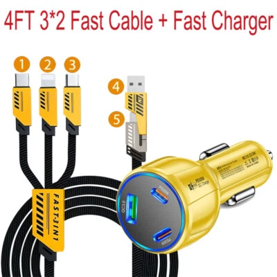 Carregador de carro rápido 90W duplo USB-C PD 3 em 2 cabo super rápido para celular iPad - Imagem 1 de 4