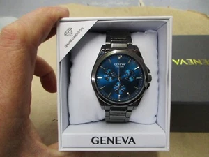 New Old Stock Geneva Diamond Faux Chronograph Men's Quartz Watch Gunmetal Tone - Picture 1 of 4