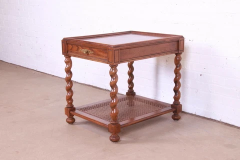 1970s Baker Furniture English Barley Twist Oak, Burl and Cane Tea Table Cover