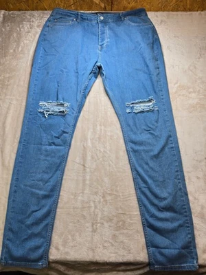 BoohooMan Men Jeans 44 Blue Cotton Blend Skinny Stacked Distressed Ripped Denim - Image 1 of 4