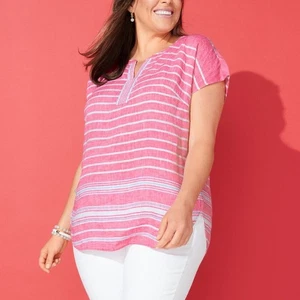 Talbots Linen Popover Top Boardwalk Stripe Pink Coastal Beach Vacation 2X - Picture 1 of 10