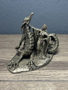 Hudson Liberty - Pewter Fantasy Dragon With Queen 1988 Statue Sculpture w/ Gems - Picture 1 of 9