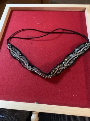 Black Cloth Choker Wit Elastic Bands Silver Accent With Glass Stones - Image 1 of 2