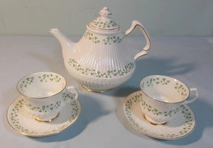 Royal Tara Trellis Shamrock Ribbed Tea Set - Teapot & 2 Cups & Saucers Ireland - Picture 1 of 17