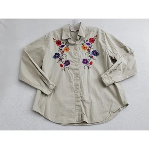 Westbound Petites Button Up Shirt Womens Small Tan Colorful Floral Embroidery - Picture 1 of 8