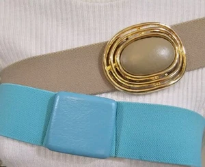 2 vintage elastic waist belts, torquoise & tan, 29"-30" length resting. - Picture 1 of 12